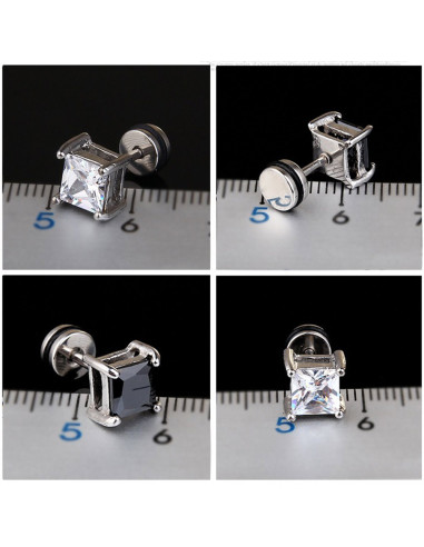 Cercel punk, ear plug fake rotund din otel, cu cristal de zirconie cubica