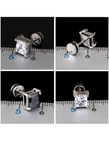 Cercel punk, ear plug fake rotund din otel, cu cristal de zirconie cubica