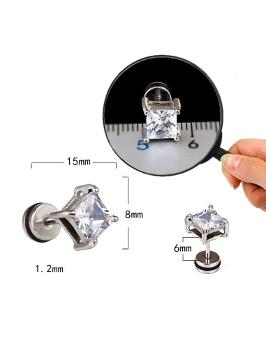 Cercel punk, ear plug fake rotund din otel, cu cristal de zirconie cubica