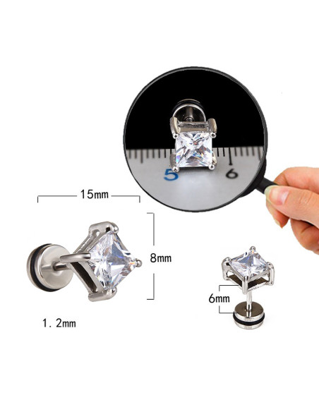 Cercel punk, ear plug fake rotund din otel, cu cristal de zirconie cubica