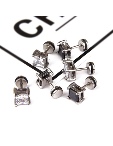 Cercel punk, ear plug fake rotund din otel, cu cristal de zirconie cubica