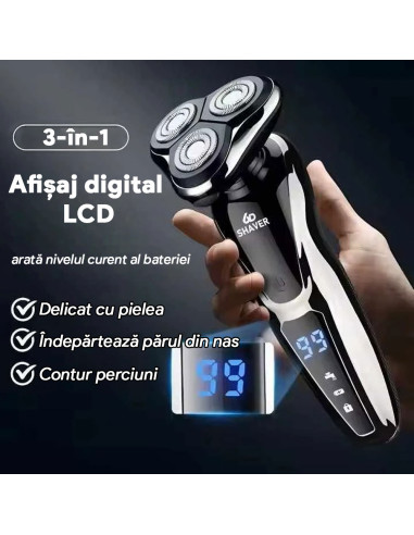 Aparat de Ras Electric Barbati Multifunctional 5in1, Wet&Dry, Display LED, Trimmer Nas/Barba/Tuns, Functionare Priza/Acumulator