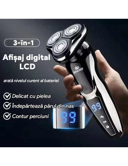 Aparat de Ras Electric Barbati Multifunctional 5in1, Wet&Dry, Display LED, Trimmer Nas/Barba/Tuns, Functionare Priza/Acumulator