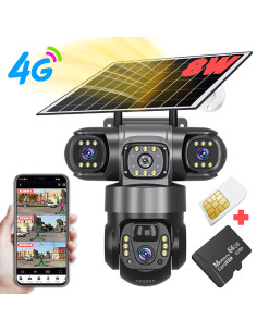 Camera Supraveghere Solara 4G cu SIM, 6MP, Zoom 10x, Baterie 8000mAh, Panou 8W, Vedere Tripla Rotativa, 3 Ecrane, SIM Inclus