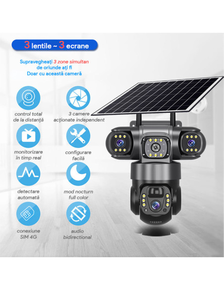 Camera Supraveghere Solara 4G cu SIM, 6MP, Zoom 10x, Baterie 8000mAh, Panou 8W, Vedere Tripla Rotativa, 3 Ecrane, SIM Inclus