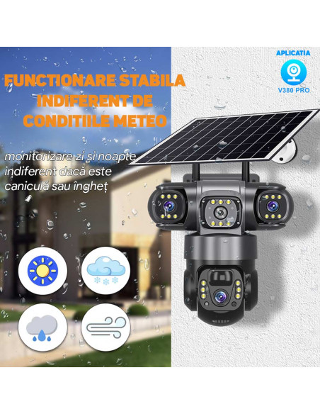 Camera Supraveghere Solara 4G cu SIM, 6MP, Zoom 10x, Baterie 8000mAh, Panou 8W, Vedere Tripla Rotativa, 3 Ecrane, SIM Inclus