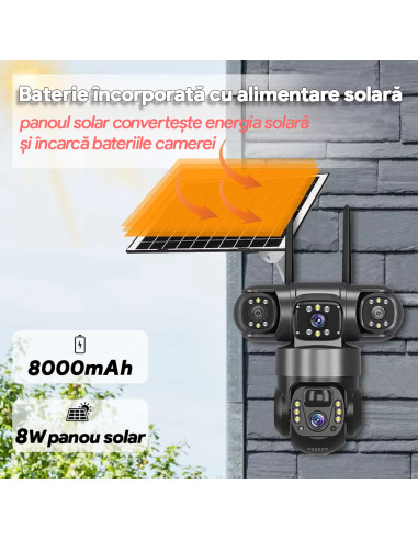 Camera Supraveghere Solara 4G cu SIM, 6MP, Zoom 10x, Baterie 8000mAh, Panou 8W, Vedere Tripla Rotativa, 3 Ecrane, SIM Inclus