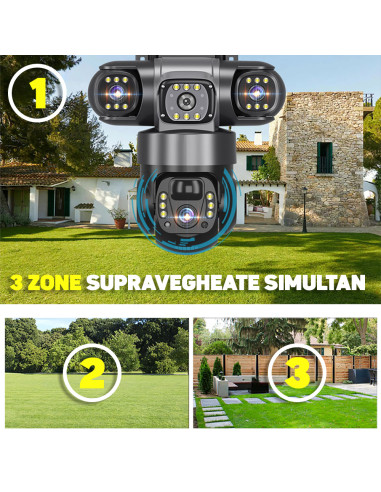 Camera Supraveghere Solara 4G cu SIM, 6MP, Zoom 10x, Baterie 8000mAh, Panou 8W, Vedere Tripla Rotativa, 3 Ecrane, SIM Inclus