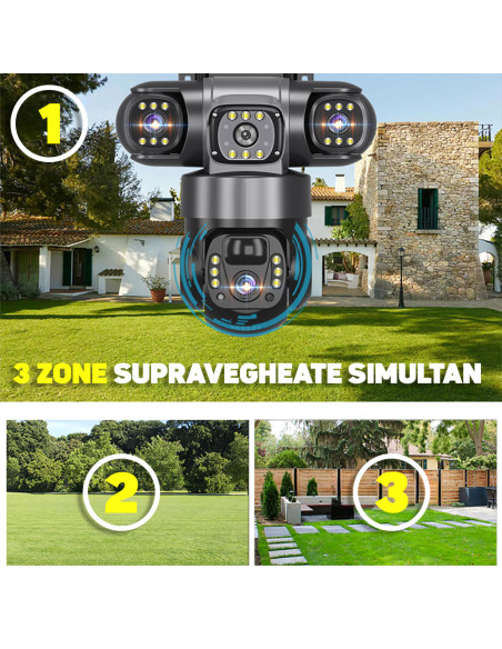 Camera Supraveghere Solara 4G cu SIM, 6MP, Zoom 10x, Baterie 8000mAh, Panou 8W, Vedere Tripla Rotativa, 3 Ecrane, SIM Inclus