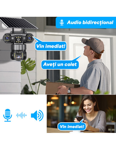 Camera Supraveghere Solara 4G cu SIM, 6MP, Zoom 10x, Baterie 8000mAh, Panou 8W, Vedere Tripla Rotativa, 3 Ecrane, SIM Inclus