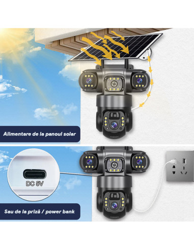 Camera Supraveghere Solara 4G cu SIM, 6MP, Zoom 10x, Baterie 8000mAh, Panou 8W, Vedere Tripla Rotativa, 3 Ecrane, SIM Inclus
