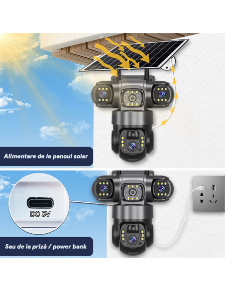Camera Supraveghere Solara 4G cu SIM, 6MP, Zoom 10x, Baterie 8000mAh, Panou 8W, Vedere Tripla Rotativa, 3 Ecrane, SIM Inclus