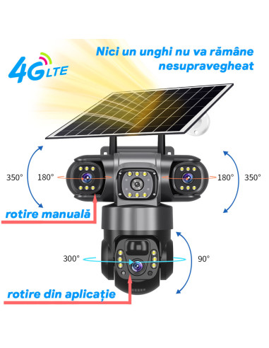 Camera Supraveghere Solara 4G cu SIM, 6MP, Zoom 10x, Baterie 8000mAh, Panou 8W, Vedere Tripla Rotativa, 3 Ecrane, SIM Inclus