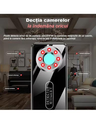 Detector cu AI pentru aparate de spionaj, camere ascunse, microfoane spion și GPS tracker, 2000 mAh, 10 ore, 1 MHz - 8 GHz