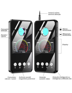 Detector camere ascunse cu AI, aparate de spionaj, microfoane spion și GPS tracker, 2000 mAh, 48 ore, acoperire 15m, 1 MHz-8 GHz 2