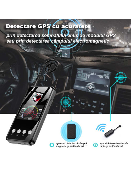 Detector cu AI pentru aparate de spionaj, camere ascunse, microfoane spion și GPS tracker, 2000 mAh, 10 ore, 1 MHz - 8 GHz