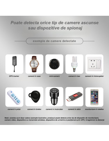 Detector cu AI pentru aparate de spionaj, camere ascunse, microfoane spion și GPS tracker, 2000 mAh, 10 ore, 1 MHz - 8 GHz