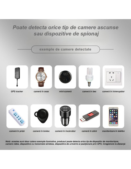 Detector cu AI pentru aparate de spionaj, camere ascunse, microfoane spion și GPS tracker, 2000 mAh, 10 ore, 1 MHz - 8 GHz