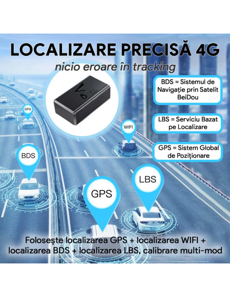 Mini GPS Tracker 4G LTE cu Magnet Puternic, 3000mAh, Localizare GPS/BDS/LBS/GSM, Cartela SIM Inclusa, Istoric Traseu