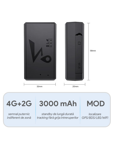 Mini GPS Tracker 4G LTE cu Magnet Puternic, 3000mAh, Localizare GPS/BDS/LBS/GSM, Cartela SIM Inclusa, Istoric Traseu