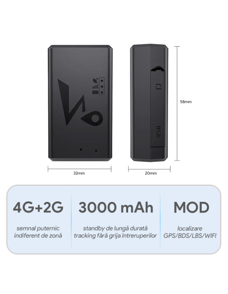 Mini GPS Tracker 4G LTE cu Magnet Puternic, 3000mAh, Localizare GPS/BDS/LBS/GSM, Cartela SIM Inclusa, Istoric Traseu