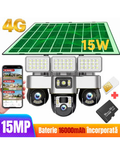 Camera de Supraveghere SIM 4G, Proiector LED, Panou 15W, 3 Camere 15MP cu PTZ, 16000mAh, Card 64GB și Cartelă SIM Incluse