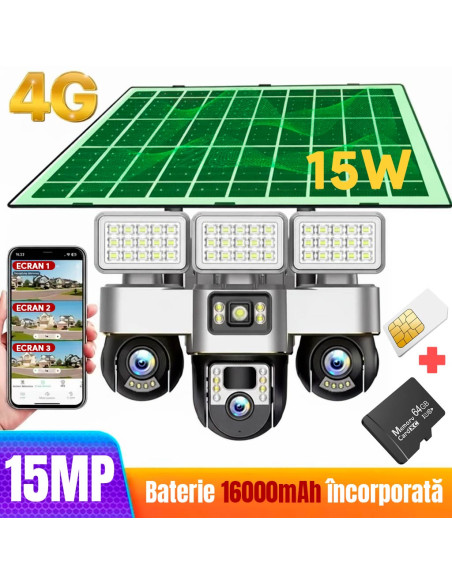 Camera de Supraveghere SIM 4G, Proiector LED, Panou 15W, 3 Camere 15MP cu PTZ, 16000mAh, Card 64GB și Cartelă SIM Incluse