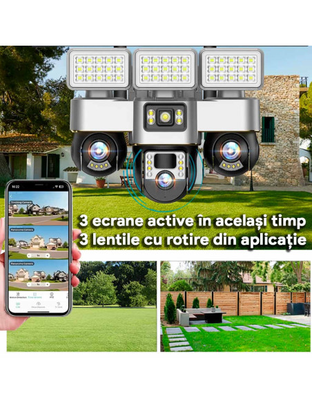 Camera de Supraveghere SIM 4G, Proiector LED, Panou 15W, 3 Camere 15MP cu PTZ, 16000mAh, Card 64GB și Cartelă SIM Incluse