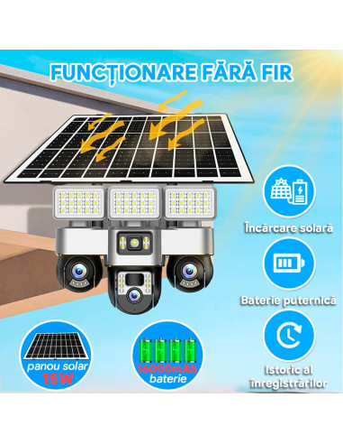 Camera de Supraveghere SIM 4G, Proiector LED, Panou 15W, 3 Camere 15MP cu PTZ, 16000mAh, Card 64GB și Cartelă SIM Incluse