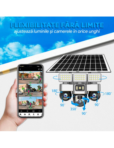 Camera de Supraveghere SIM 4G, Proiector LED, Panou 15W, 3 Camere 15MP cu PTZ, 16000mAh, Card 64GB și Cartelă SIM Incluse