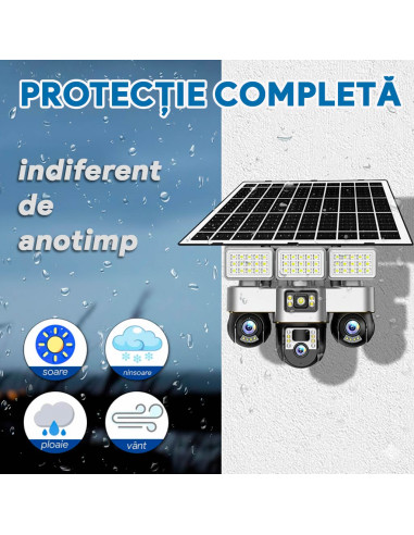 Camera de Supraveghere SIM 4G, Proiector LED, Panou 15W, 3 Camere 15MP cu PTZ, 16000mAh, Card 64GB și Cartelă SIM Incluse