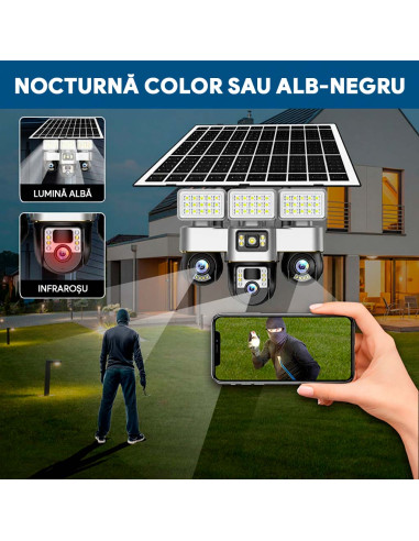 Camera de Supraveghere SIM 4G, Proiector LED, Panou 15W, 3 Camere 15MP cu PTZ, 16000mAh, Card 64GB și Cartelă SIM Incluse
