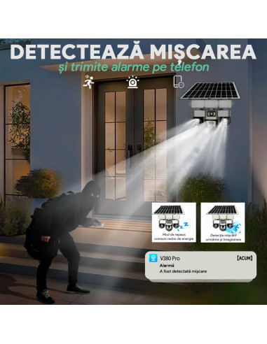 Camera de Supraveghere SIM 4G, Proiector LED, Panou 15W, 3 Camere 15MP cu PTZ, 16000mAh, Card 64GB și Cartelă SIM Incluse