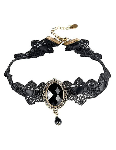 Colier choker din dantela neagra, cu panglica de catifea si medalion