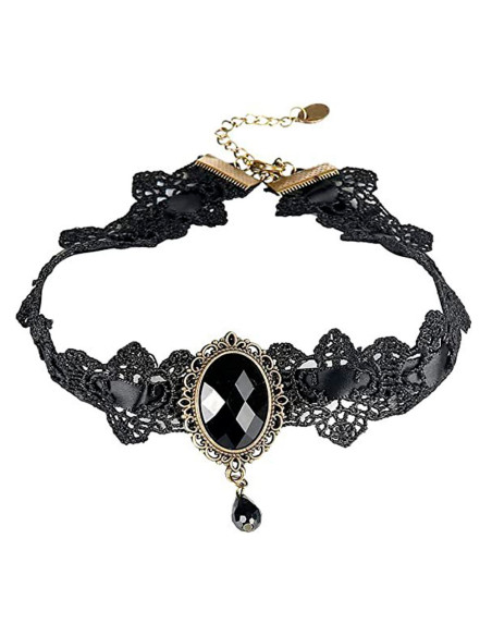 Colier choker din dantela neagra, cu panglica de catifea si medalion