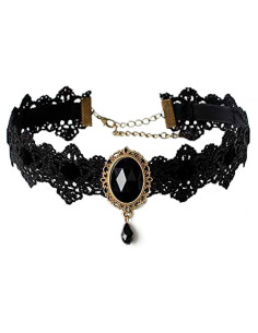 Colier choker din dantela neagra, cu panglica de catifea si medalion 2