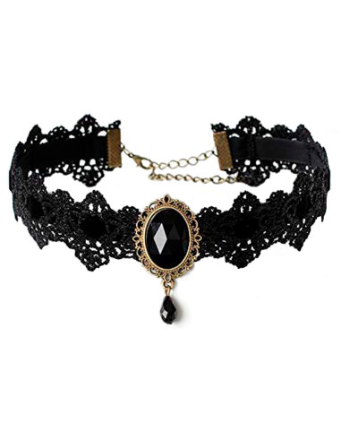 Colier choker din dantela neagra, cu panglica de catifea si medalion