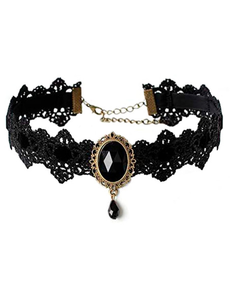 Colier choker din dantela neagra, cu panglica de catifea si medalion