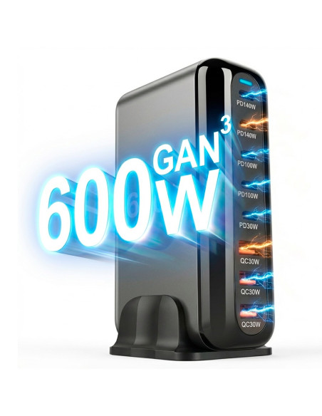 Statie de Incarcare Rapida 600W GaN cu 5 porturi PD (2x140W, 2x100W, 1x30W) 3 porturi USB-A QC 3.0, Statie Fast Charging PD