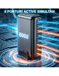 Statie de Incarcare Rapida 600W GaN cu 5 porturi PD (2x140W, 2x100W, 1x30W) 3 porturi USB-A QC 3.0, Statie Fast Charging PD 2