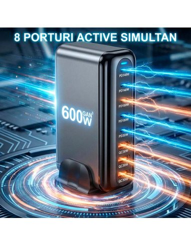 Statie de Incarcare Rapida 600W GaN cu 5 porturi PD (2x140W, 2x100W, 1x30W) 3 porturi USB-A QC 3.0, Statie Fast Charging PD