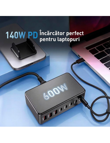Statie de Incarcare Rapida 600W GaN cu 5 porturi PD (2x140W, 2x100W, 1x30W) 3 porturi USB-A QC 3.0, Statie Fast Charging PD