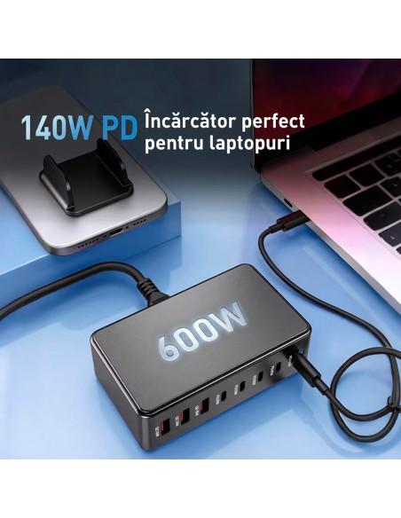 Statie de Incarcare Rapida 600W GaN cu 5 porturi PD (2x140W, 2x100W, 1x30W) 3 porturi USB-A QC 3.0, Statie Fast Charging PD