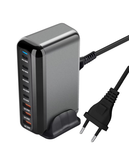 Statie de Incarcare Rapida 600W GaN cu 5 porturi PD (2x140W, 2x100W, 1x30W) 3 porturi USB-A QC 3.0, Statie Fast Charging PD