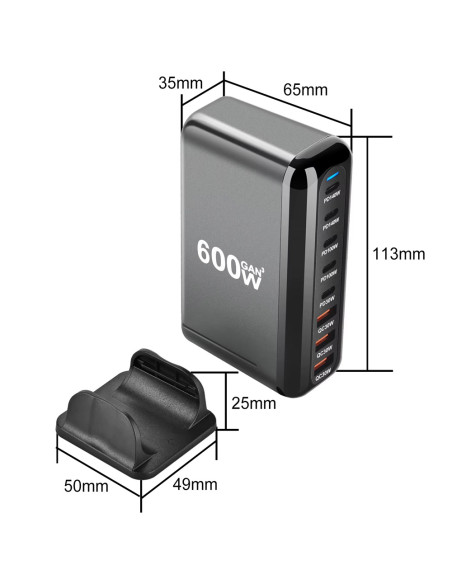 Statie de Incarcare Rapida 600W GaN cu 5 porturi PD (2x140W, 2x100W, 1x30W) 3 porturi USB-A QC 3.0, Statie Fast Charging PD