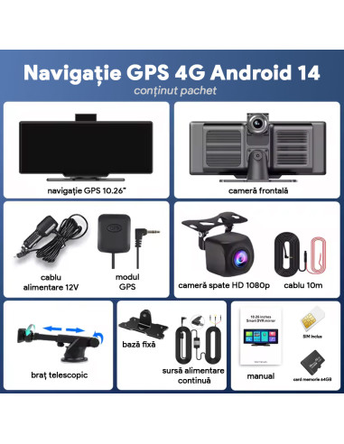 Navigație Auto 4G 10.26" Android 14, 8-Core, 4GB RAM, 64GB ROM, GPS, CarPlay & Android Auto, MirrorCast, SIM, 64GB
