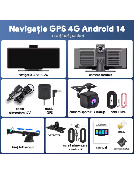 Navigație Auto 4G 10.26" Android 14, 8-Core, 4GB RAM, 64GB ROM, GPS, CarPlay & Android Auto, MirrorCast, SIM, 64GB
