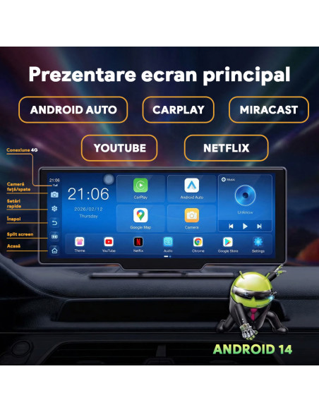 Navigație Auto 4G 10.26" Android 14, 8-Core, 4GB RAM, 64GB ROM, GPS, CarPlay & Android Auto, MirrorCast, SIM, 64GB