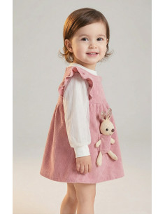 Rochita Fetite Roz din Catifea Reiata cu Iepuras de Plus Inclus si Bluza Alba Eleganta - Set 2 Piese 2