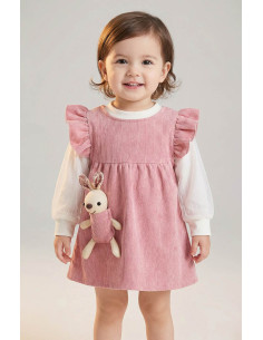 Rochita Fetite Roz din Catifea Reiata cu Iepuras de Plus Inclus si Bluza Alba Eleganta - Set 2 Piese